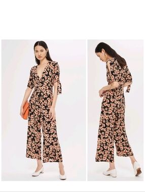 Topshop Black Daisy Print Cold Shoulder Tie Sleeve Jumpsuit Size US 6